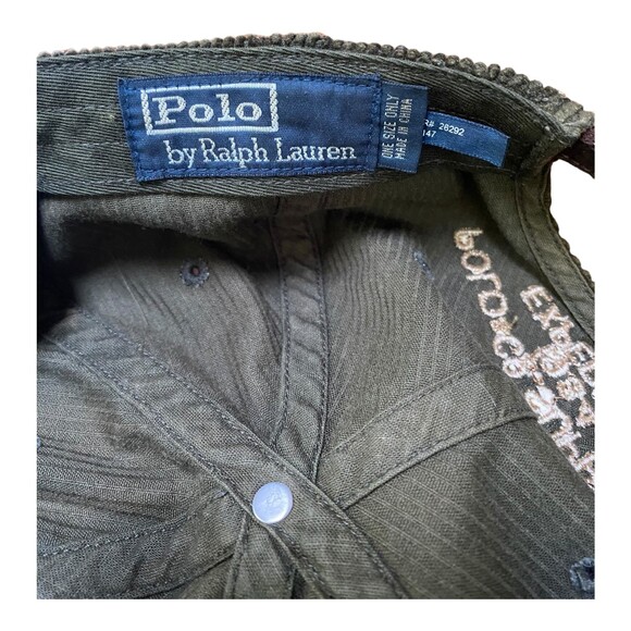 Vintage Polo Country Ralph Lauren Army Green Corduroy Hat Leather Strapback OSFM - Picture 6 of 6